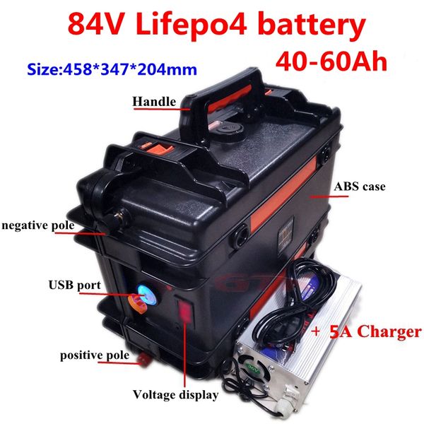 Batteria al litio Portabel Lifepo4 84V 40Ah 50Ah 60Ah 70Ah LiFepo4 con BMS per moto UPS barca RV golf cart + caricabatterie 5A