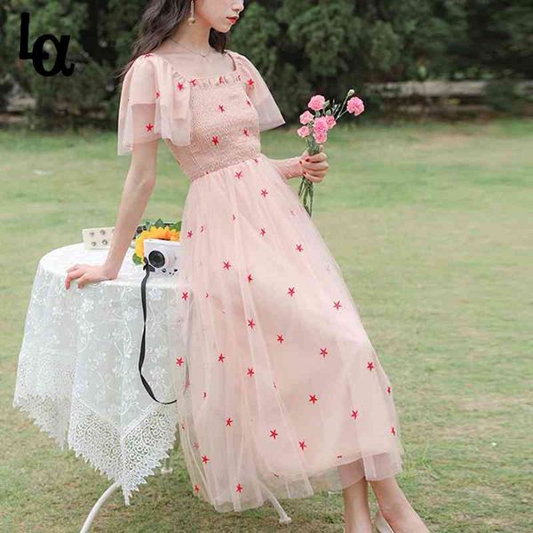 

french vintage dress female sweet embroidery mesh fairy party women pink square collar korean 210519, Black;gray