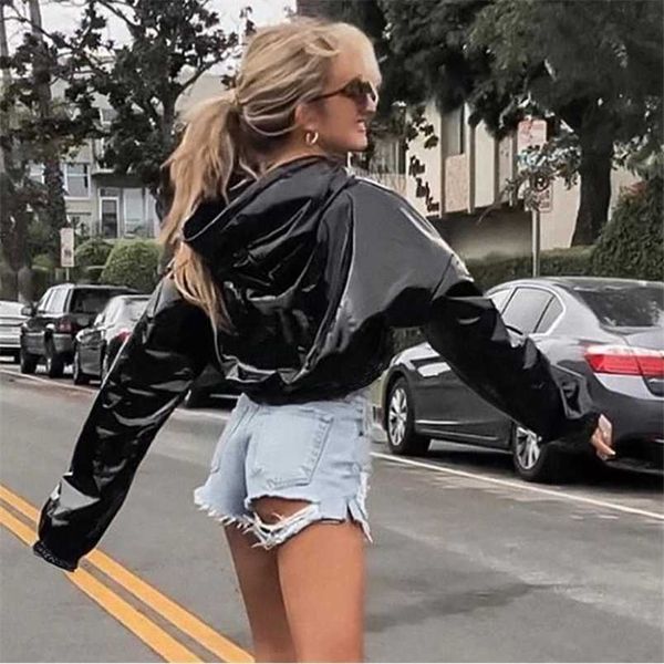 

ladies sleek and shiny slim-fit street casual wear spring fashion jacket pu leather hoodie women's sweater short 211215, Black