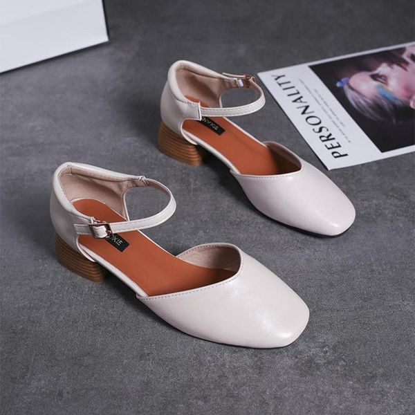 

dress shoes close toe shallow wooden heel sandals women 2021 summer korean students chic chunky buckle cover ladies sandalens, Black