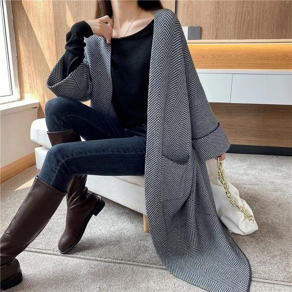 

women's wool & blends recommend european and american cashmere knitted herringbone coat long thickened versatile casual medium, Black