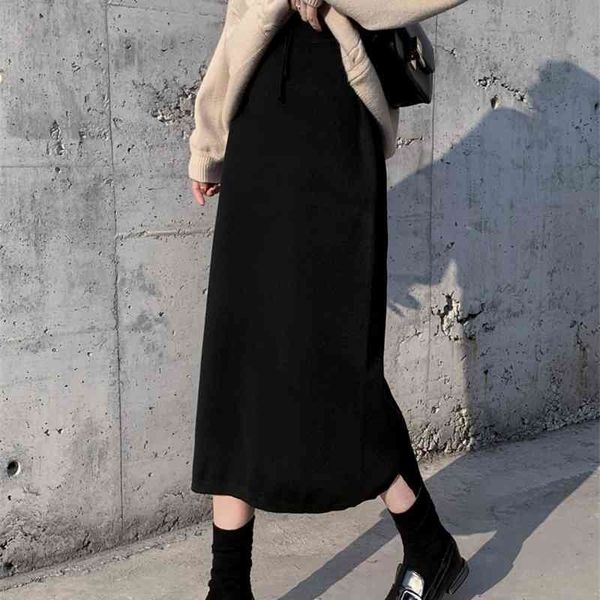 Primavera e outono Mulheres longas saia elástica cintura quinhoso malha reta magro elegante lápis preto faldas jupe femme 210608