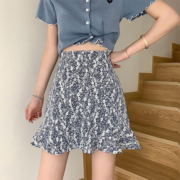 

skirts 2021 summer floral women korean high waist basic mini female vintage print ruffle jupe, Black