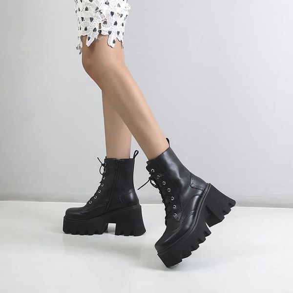 

boots 2021 autumn large lace up thick heel round head bottom fried street small high, Black