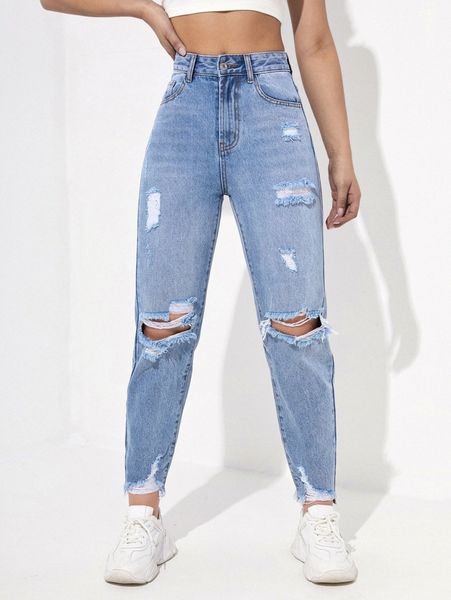 

high waisted ripped mom fit jeans z769#, Blue