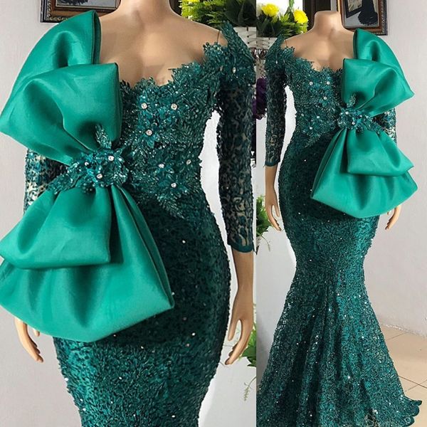 Sparkly Mermaid Abendkleider Big Bow Perlen Spitze Pailletten Hunter Green African Langarm Prom Kleider Arabisch Party vestidos formales