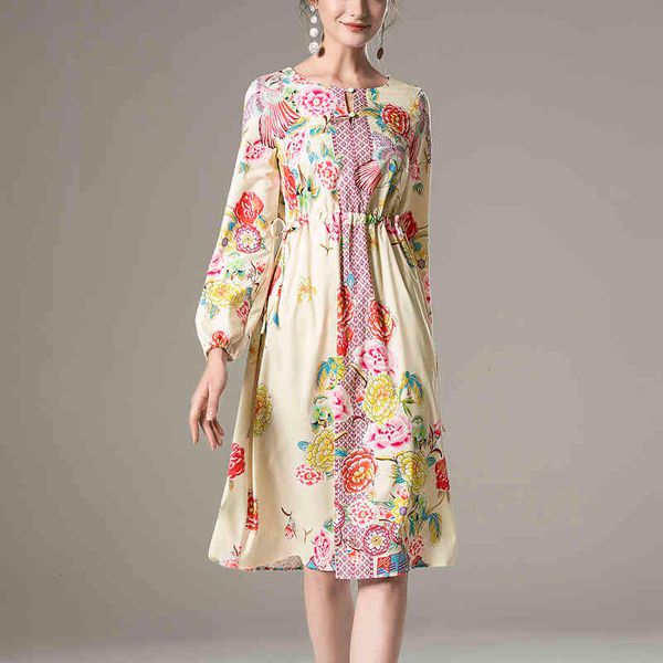 

spring retro bohemia style printing bowknot thin mid-length dress quality ladies party, Black;gray