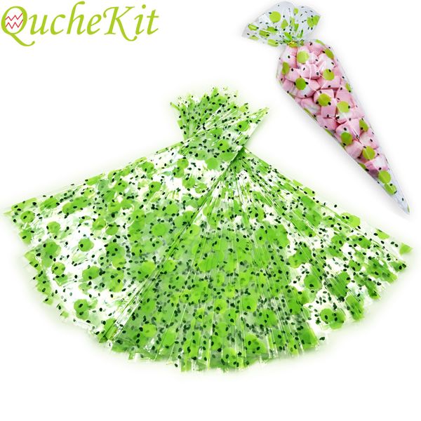 50pcs Dots Green Dots Cono-Shaped Treat Popcorn Cellophane Candy con Twist Tys Tys Triangolari Borse regalo di plastica