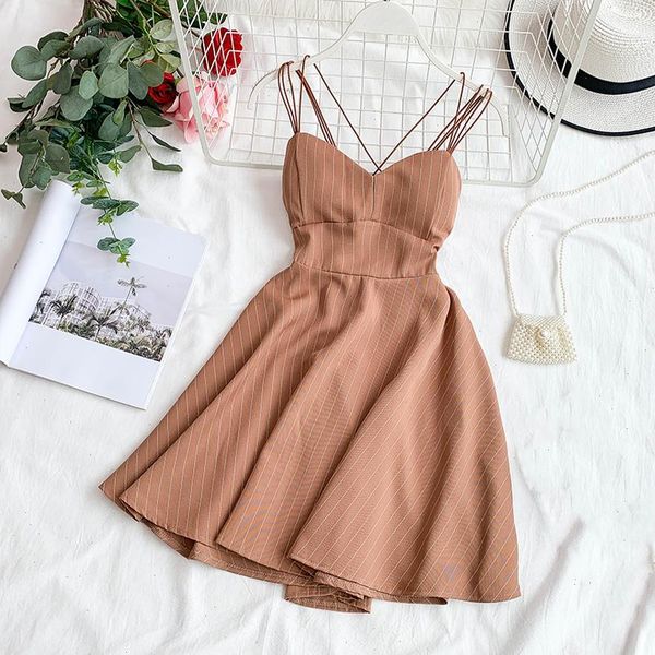 

summer backless retro striped v womens dresses neck chest pad thin a line fluffy big swing, Black;gray