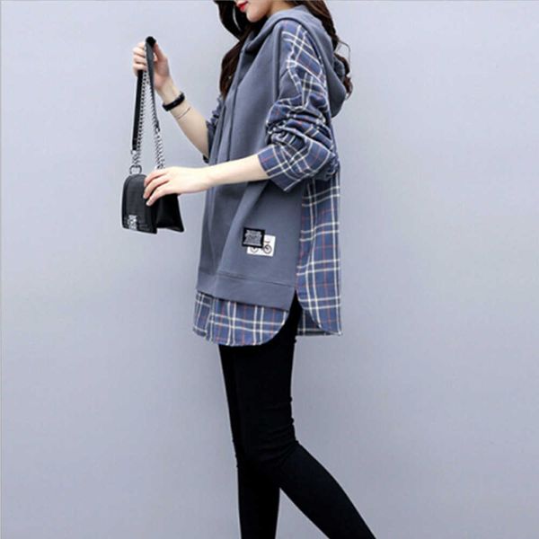 

women casual fake two piece hoodies sweatshirts fashion british style fake plaid shirt loose spring pullover s21008 y0820, Black
