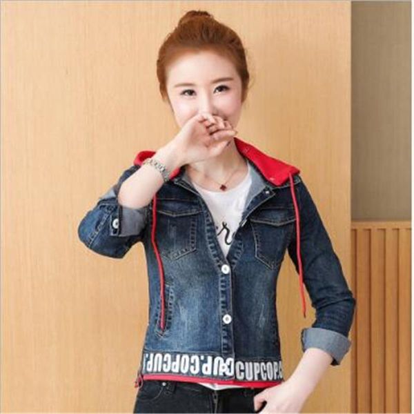 

women's jackets spring and autumn casual slim denim jacket with printed hooded cardigan coat, Black;brown