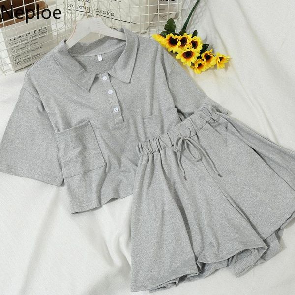 

women's tracksuits neploe women suits casual fashion two piece sets summer short sleeve t shirt loose high waist wide leg shorts, Gray