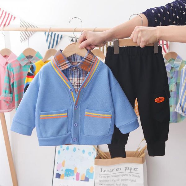 

clothing sets spring & autumn fashion 1 2 3 4 5 year old boys clothes casual plaid long-sleeved shirt + knitted cardigan sweater pants 3pcs, White