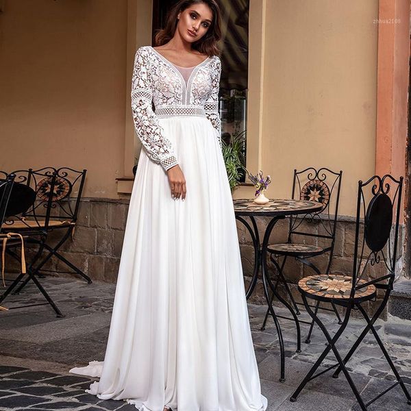 

other wedding dresses bohemian lace long sleeve chiffon sweep train vintage scoop neck bridal gowns pearls beach gown1, White