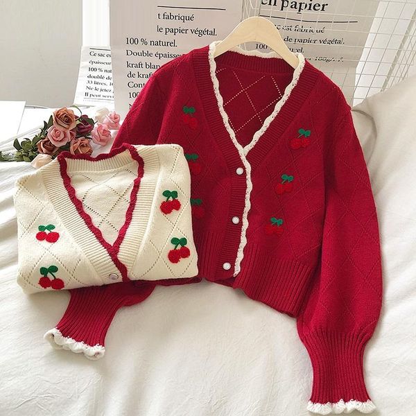 

women's knits & tees embroidered cherry cardigans knit wear sleeve short mujer chaqueta autum winter vintage v neck sweaters, White