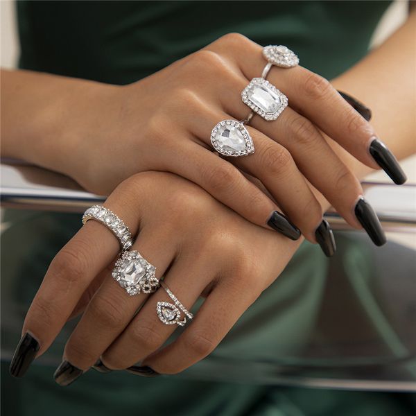 

Women 6 Pieces Square Circle Diamond Finger Rings Sets Geometric Circular Ring Hand Jewelry European Lady Water Drop Shaped Alloy Punk Ornaments, Golden;silver