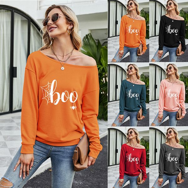

2021 women's autumn winter halloween printed loose diagonal collar long sleeve off shoulder sweater, Black
