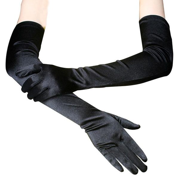 

five fingers gloves classic black white red skin opera/elbow/wrist stretch satin finger long women flapper matching costume, Blue;gray