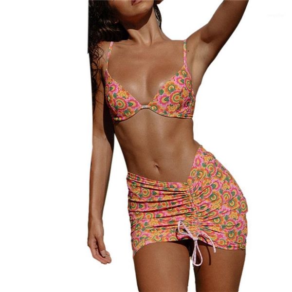 

women's swimwear women set female flower print spaghetti strap bikini + package hip skirt with drawstring swimming costume, White;black