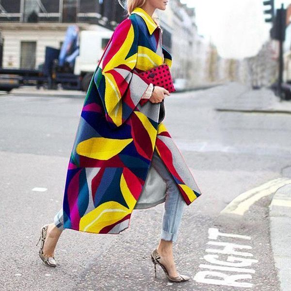 

women's wool & blends elegant women cool street fashion geometric color printed long jacket coat celebrity oufits streetwear, Black