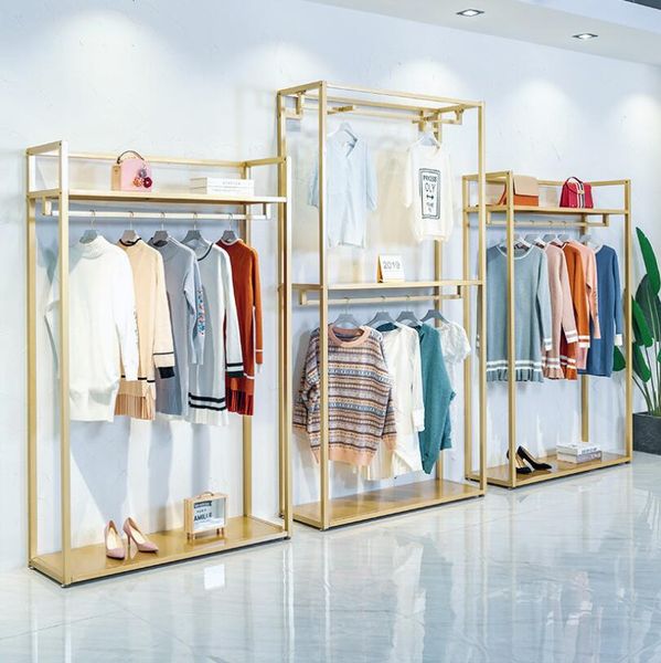 

gold floor type double layer clothes rack commercial furniture cloth store hanging clothing racks nano does not drop paint