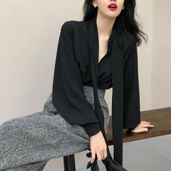 

women's polos lazy wind early autumn ribbon collar black shirt open shoulder collarbone retro style shirt1 64is, White