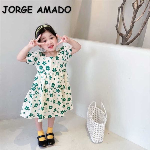 

korean style summer kids girls dress green floral short sleeves princess children clothes e3025 210610, Red;yellow