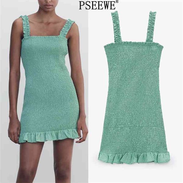 Verão Vestido Mulher Verde Texturizado Desligamento Curto Es Mulheres Elastic Ruffle Ruched Slim Backless Strap 210519