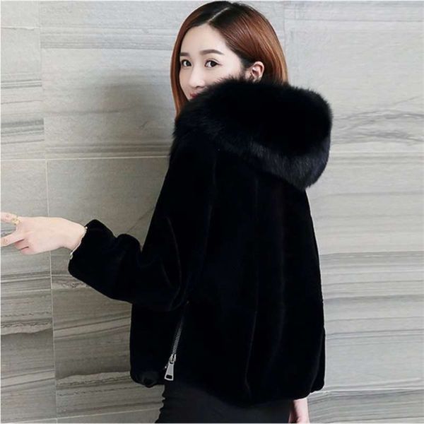 

faux fur coat with hood fashion slim black jacket fake rabbit 210928