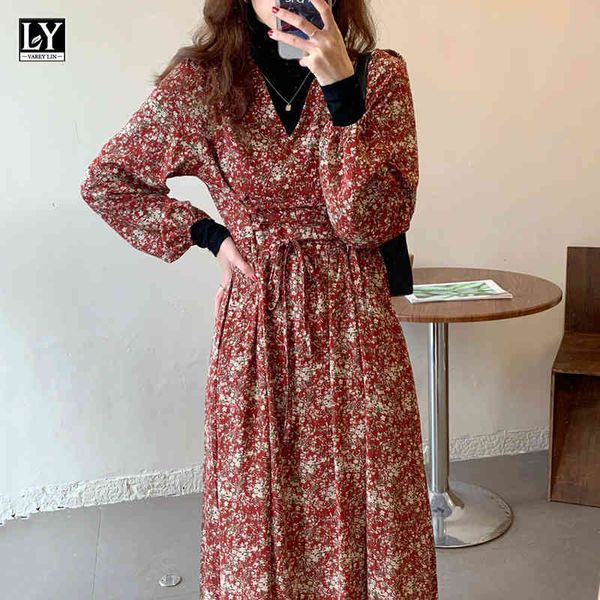 

dresses spring autumn women v-neck high waist gentle slim vintage long dress printed flowers chic elegance, Black;gray