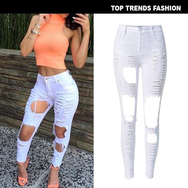 

high waist slim fit elastic hole tear personalized cowboy street fashion, Blue