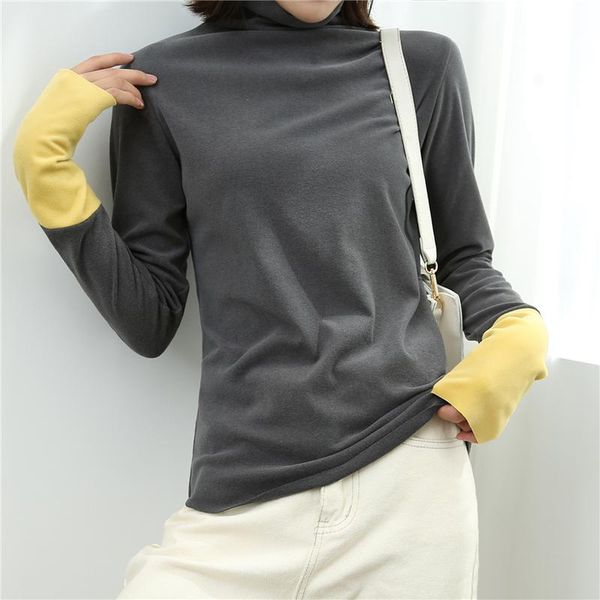 

autumn women t shirt turtleneck basic pullovers loose casual patchwork long sleeves soft female fashion women's t-shirt, White