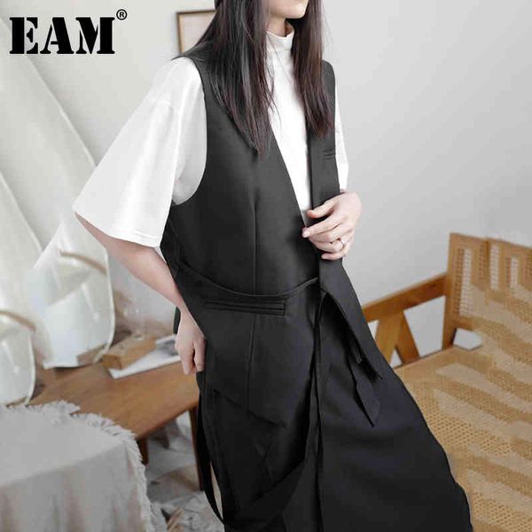 

[eam] women black asymmetrical bandage big size loose fit vest v-collar sleeveless fashion spring autumn 1dd5901 21512, Black;white