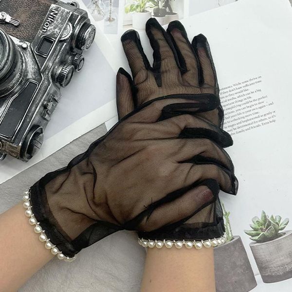 

five fingers gloves korean black lace pearl full finger wedding dress sunscreen women summer stretch mesh cycling driving mittens r36, Blue;gray