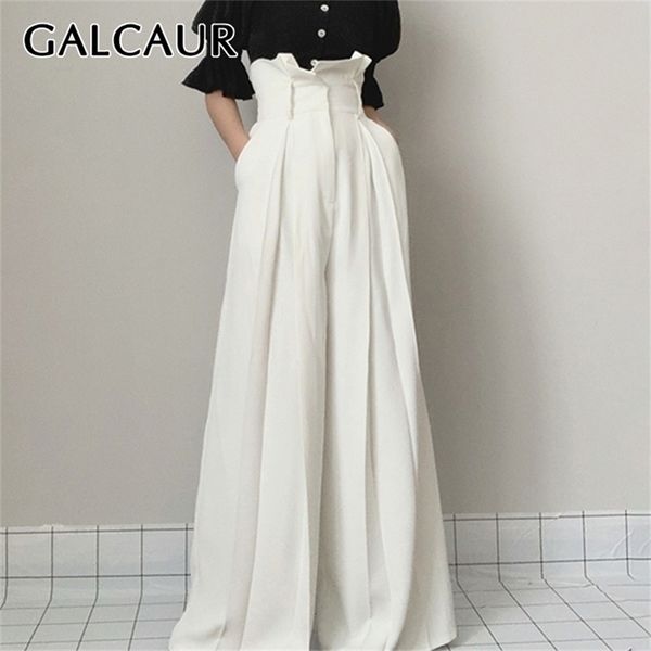 Galcaur Branco Calças Completas Completa Para Mulheres Cintura Alta Loose Plus Size Plissado Ruffles Largna Pants Feminino Roupas 210915