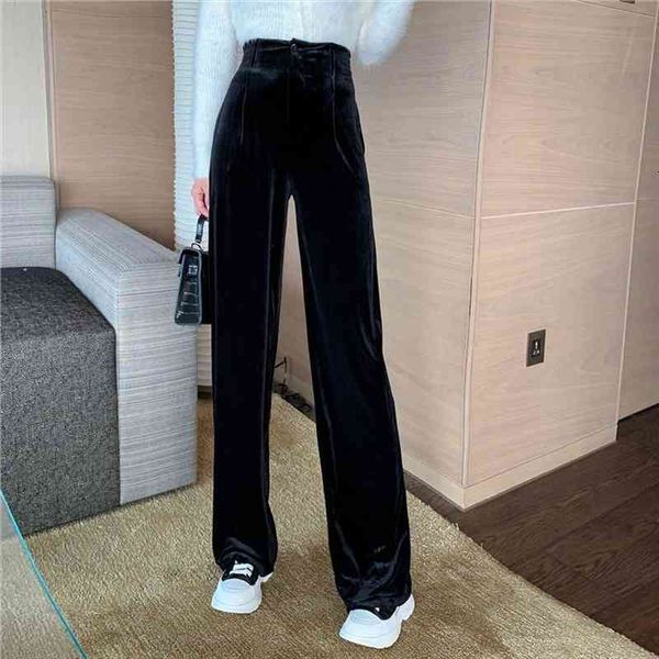 

dropshipping pantalones de mujer casual high waist loose black velvet wide leg pants autumn winter straight mopping blue wild, Black;white