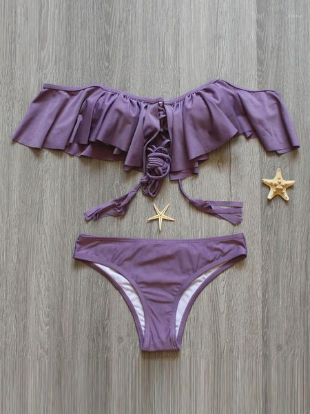 

women's swimwear purple bikini sets 2021 women push up ruffle trips fashion bathing suit beachwear swimsuit female bikinis biquini, White;black