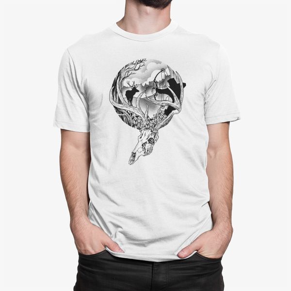 

hunting season - mens cotton t-shirt deer moose skull, White;black