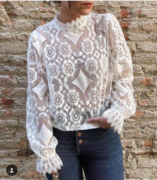 

women stand collor lace floral hollow out blouse long sleeve white office ladies blouses 2021 autumn perspective female women's & shir