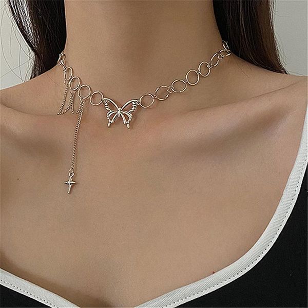 

chokers punk vintage butterfly necklaces for women girl hollow metal chain clavicle necklace 2021 choker fashion jewelry, Golden;silver
