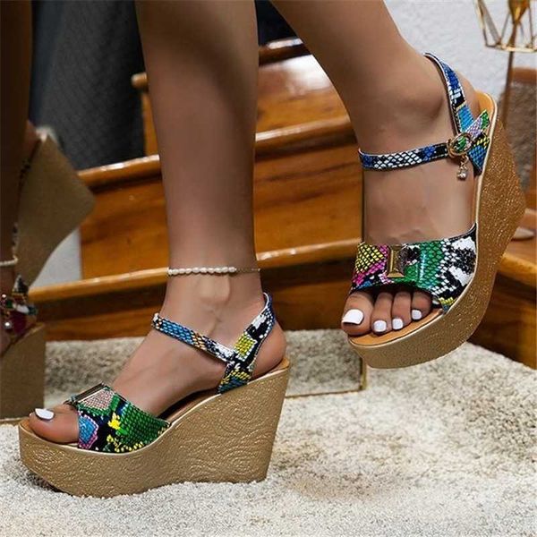 

summer women vintage ankle buckle sandals fashion platform slope heel serpentine outdoor fish mouth open toe female shoes, Black