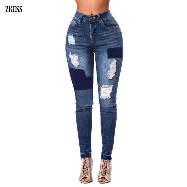 

women's jeans zkess woman dark blue individual patched color block ripped hole fashion slim fit pencil pants with pockets lc786038