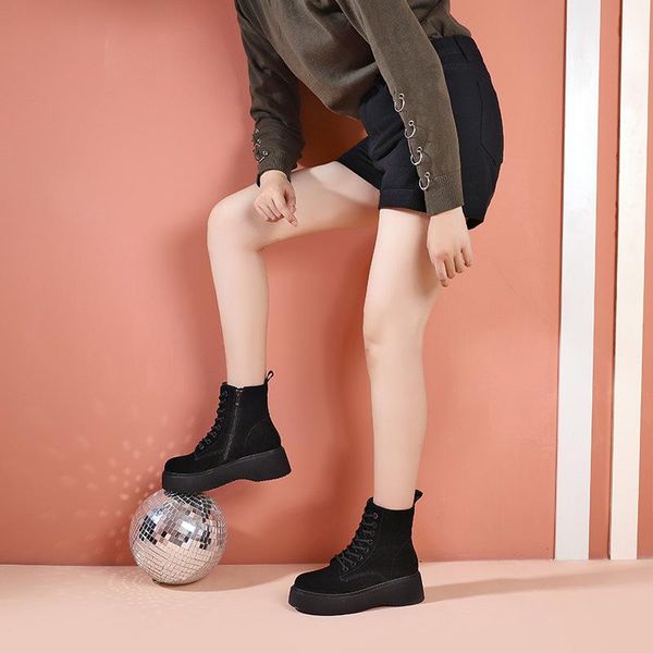 

boots flat early casual leather women's autumn british heel thick soled motorcycle, Black