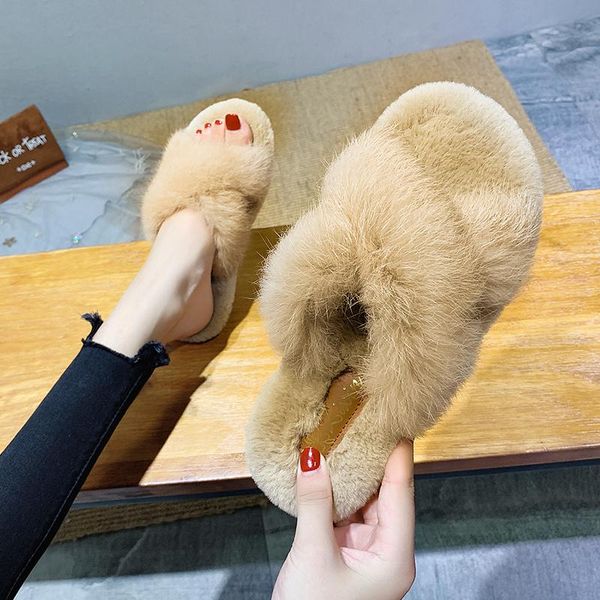 

women's plush slippers fashion home shoes flat fur slides, Black