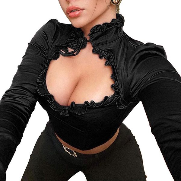 

women fashion short blouse shirts ruffles turtleneck long sleeve push up crop female blouses balck red women's &, White