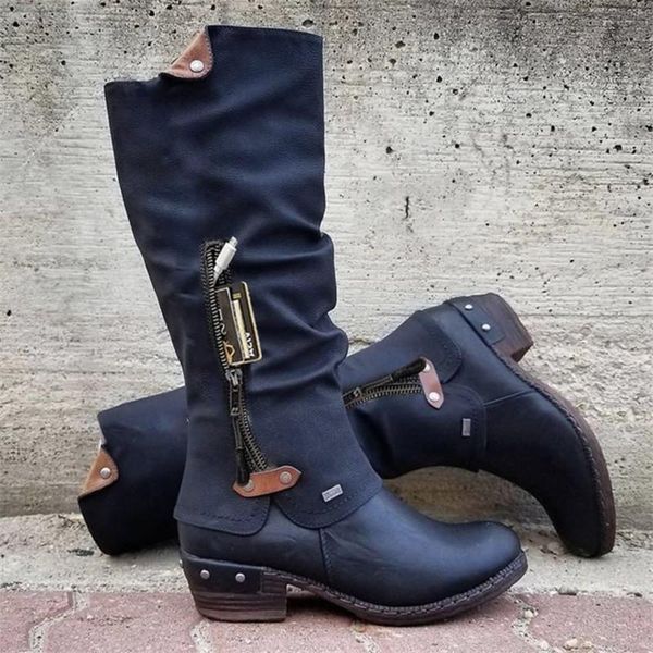 

boots 2021 women's mid calf vintage british pu leather woman low heel zip sewing ladies fashion retro long women, Black