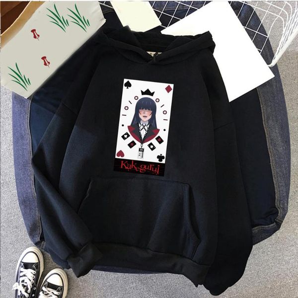 

men's hoodies & sweatshirts kakegurui anime card print men women pullovers casual hooded solid loose streetwear 2021 coat, Black