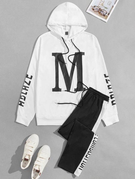 

men letter graphic drawstring hoodie & sweatpants b9zo#, Gray