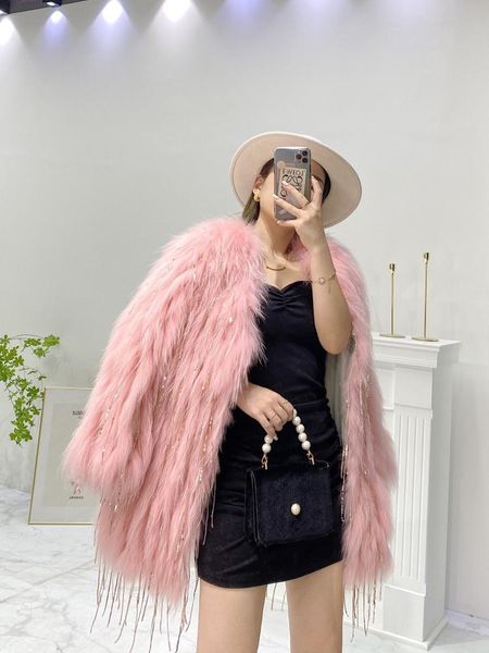 

women's fur & faux fashion genuine real natural raccoon coat girl's dream luxurious jacket sequin tassel outwear, Black