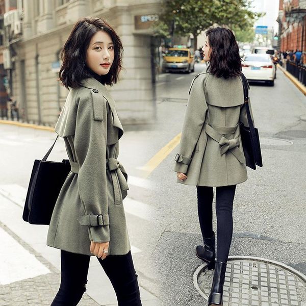 

women's wool & blends women 2021 autumn winter loose sashes coats female turn down collar outwear ladies double-sided woolen jackets q5, Black